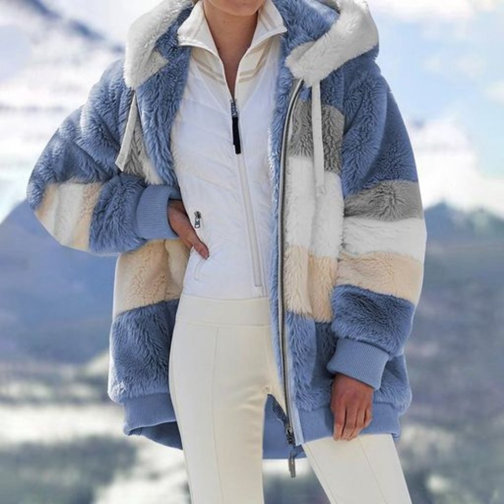 Winter Women Plush Coat Hooded Zipper Jackets Casual Oversized Stitching- Blue